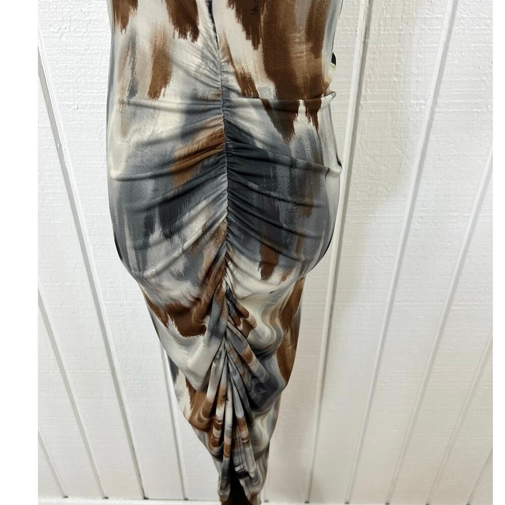 Windsor Abstract Print Bodycon Midi Dress M Brown Gray Ruched Asymmetrical Hem - Picture 3 of 6